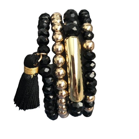 Francesca's Glass Beaded Tassel Bracelet Set Black Gold - Picture 3 of 6